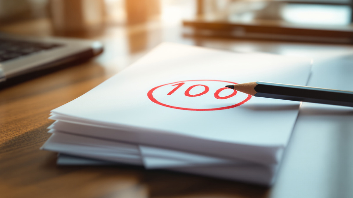 A close-up shot of a single sharpened pencil resting on a stack of clean white papers with a bold re