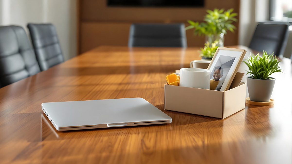 A laptop and box on a boardroom table