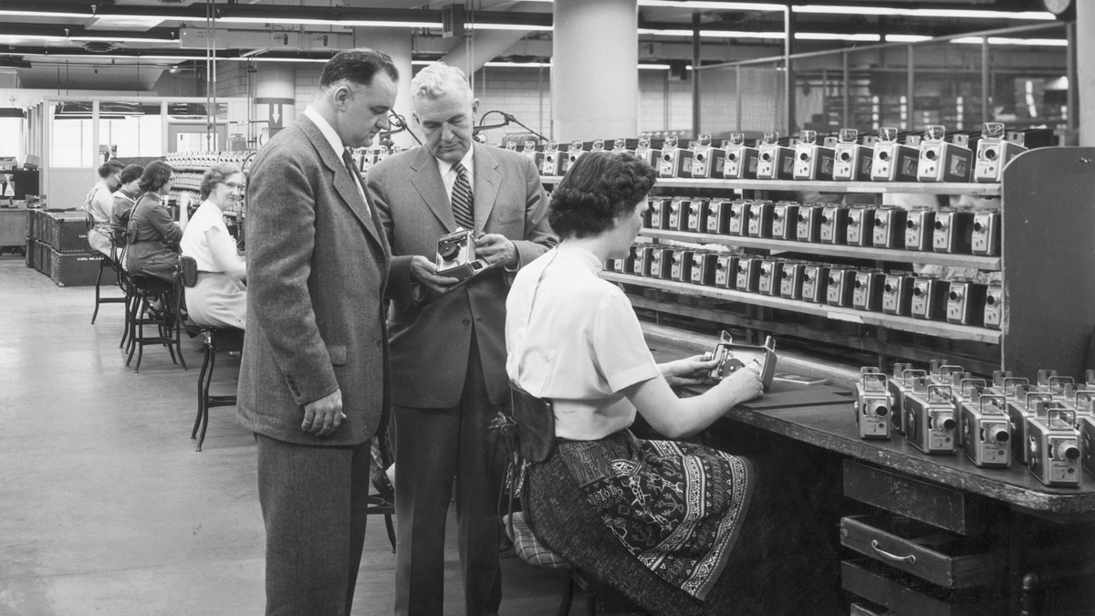 An assembly line making the Eastman Kodak Brownie camera in 1945