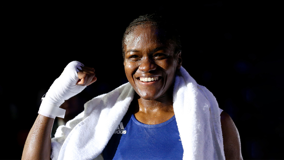 Nicola Adams celebrates winning her bout at the London 2012 Olympic Games