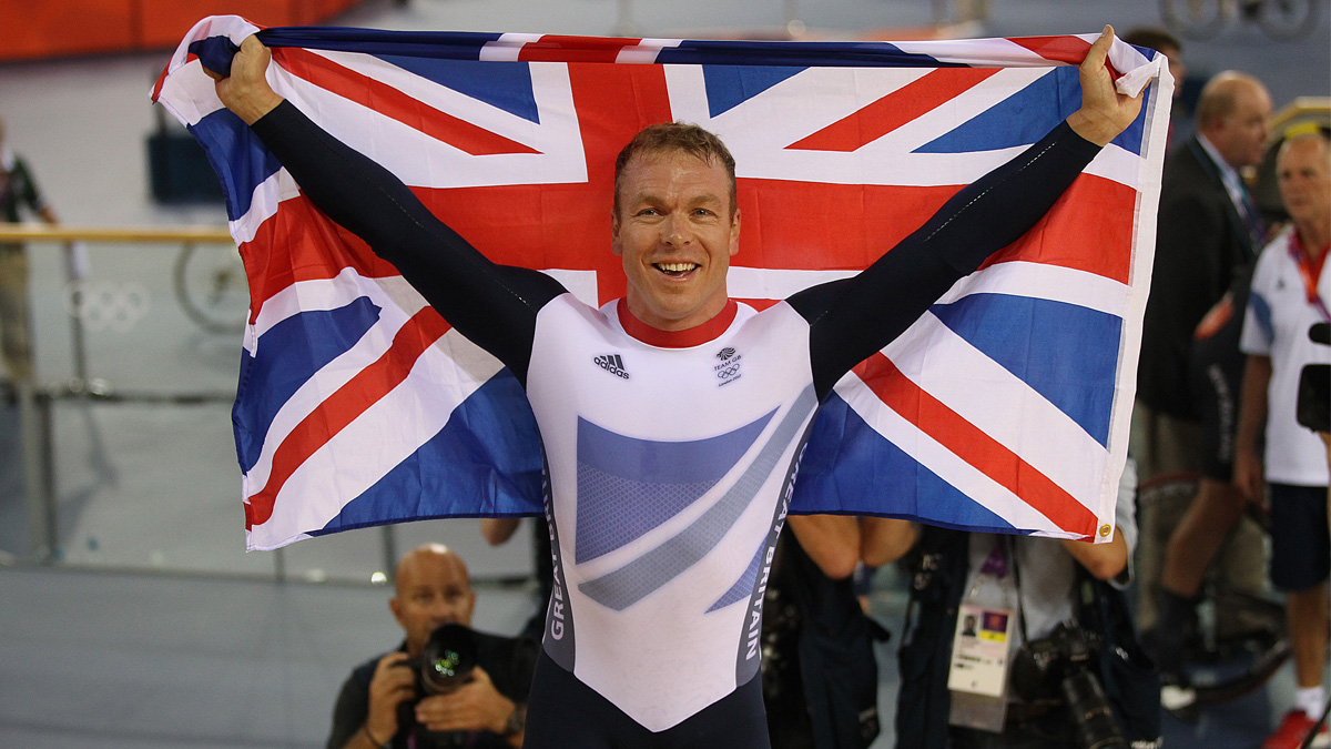 Sir Chris Hoy celebrates after winning at the 2012 Olympic Games